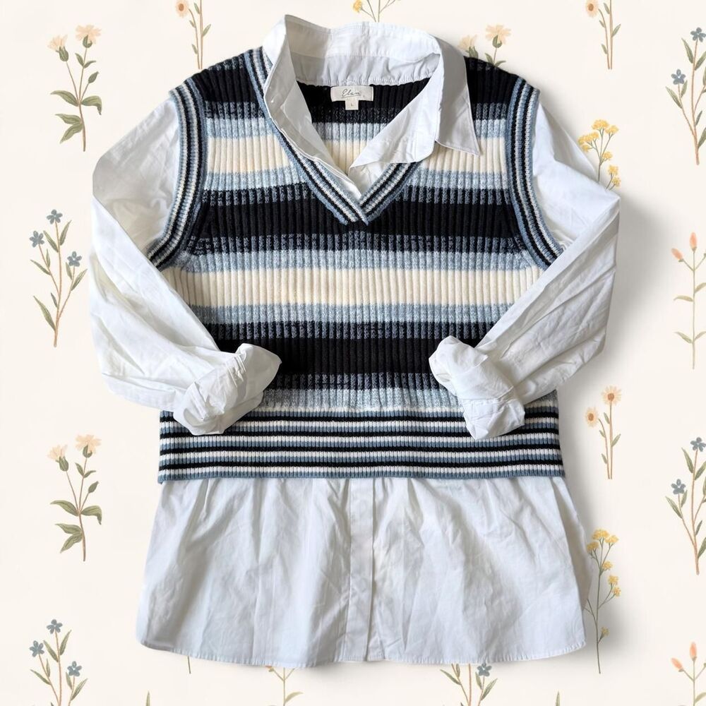 Preppy Striped Sweater Vest with Attached White Collared Shirt - Large
